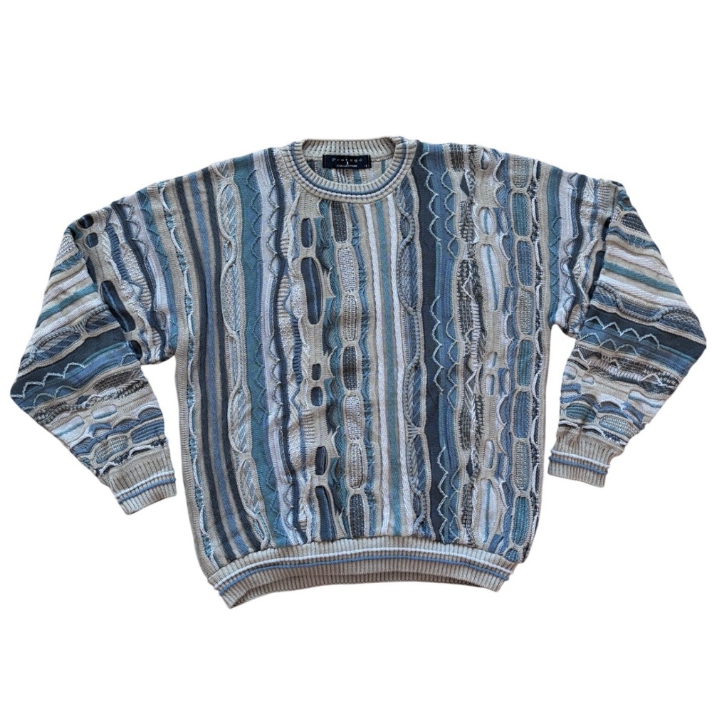 Protege Collection Vintage 3D Coogi‎ Textured Knit Sweater Blue Grey Mens Large
